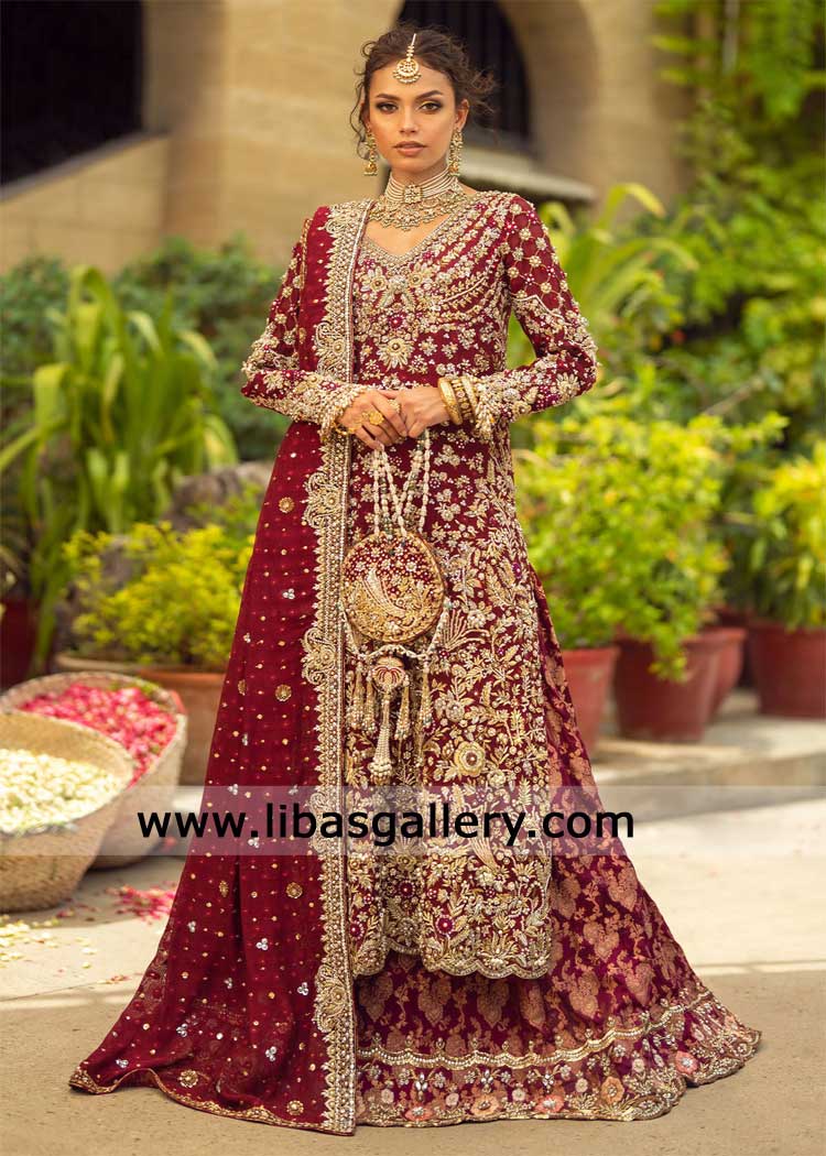 Deep crimson elegant bridal with lehenga for Nikah